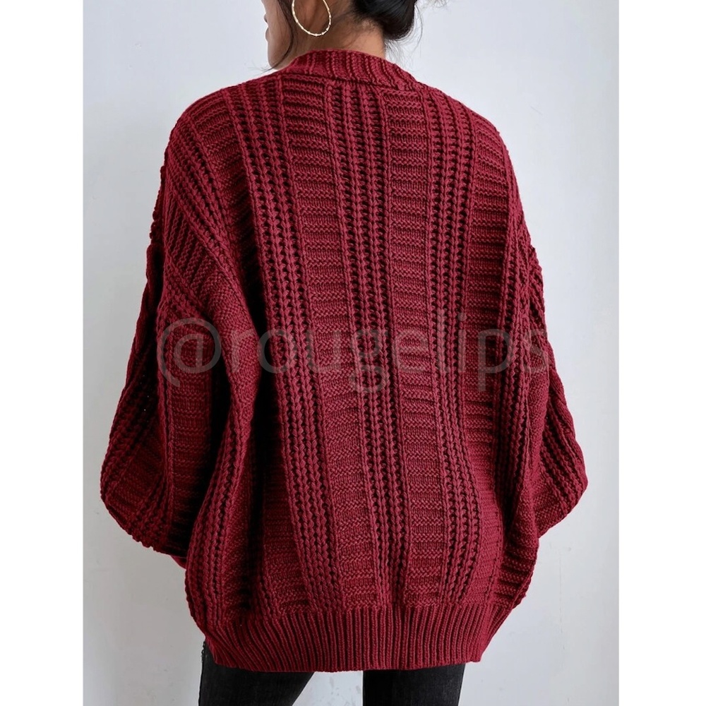 Oversized Burgundy Cable Knit Cardigan Long Sleeves Hip Length Buttoned - Picture 3 of 11